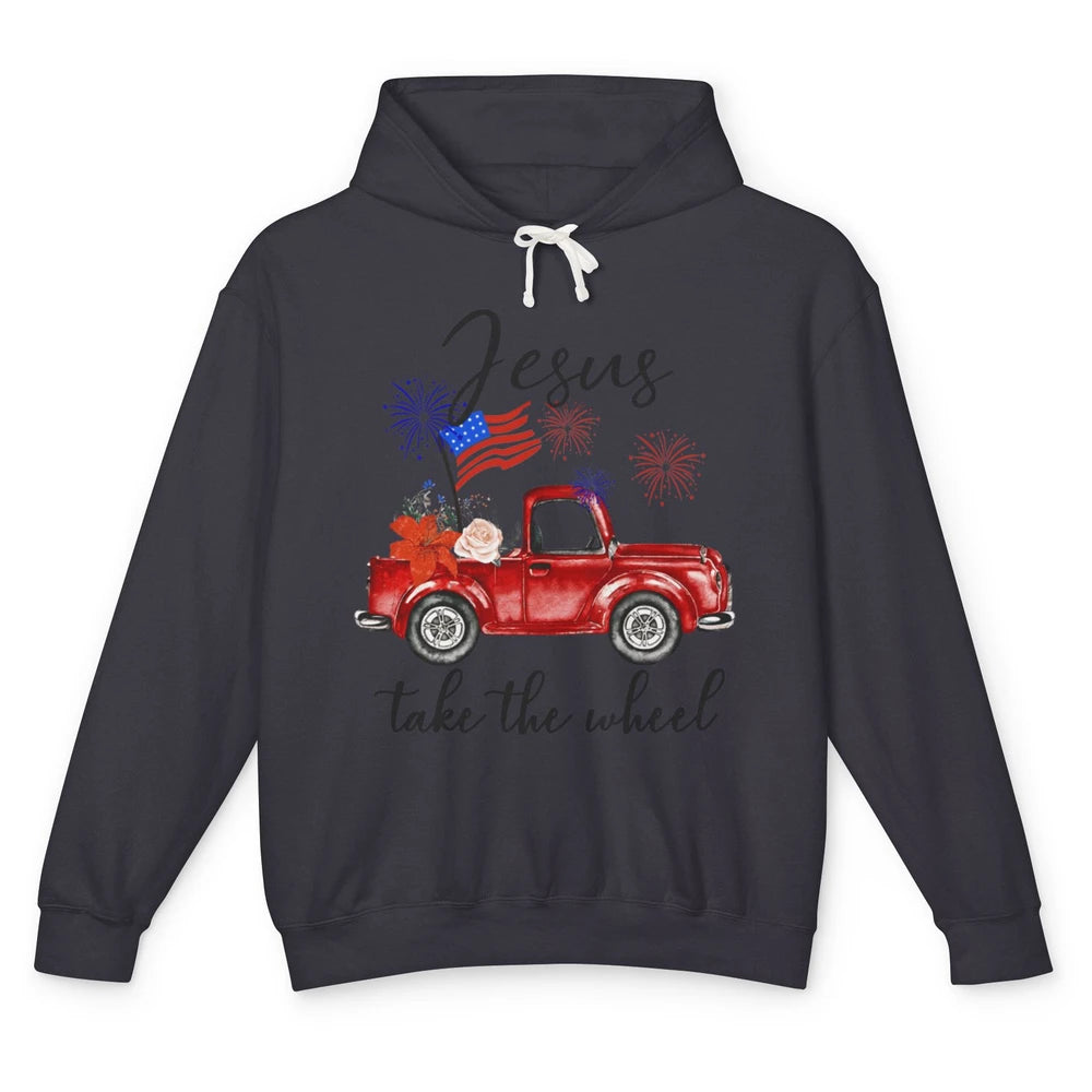 4th Of July Jesus Take The Wheel Red Truck Watercolor God Unisex Lightweight Hoodie