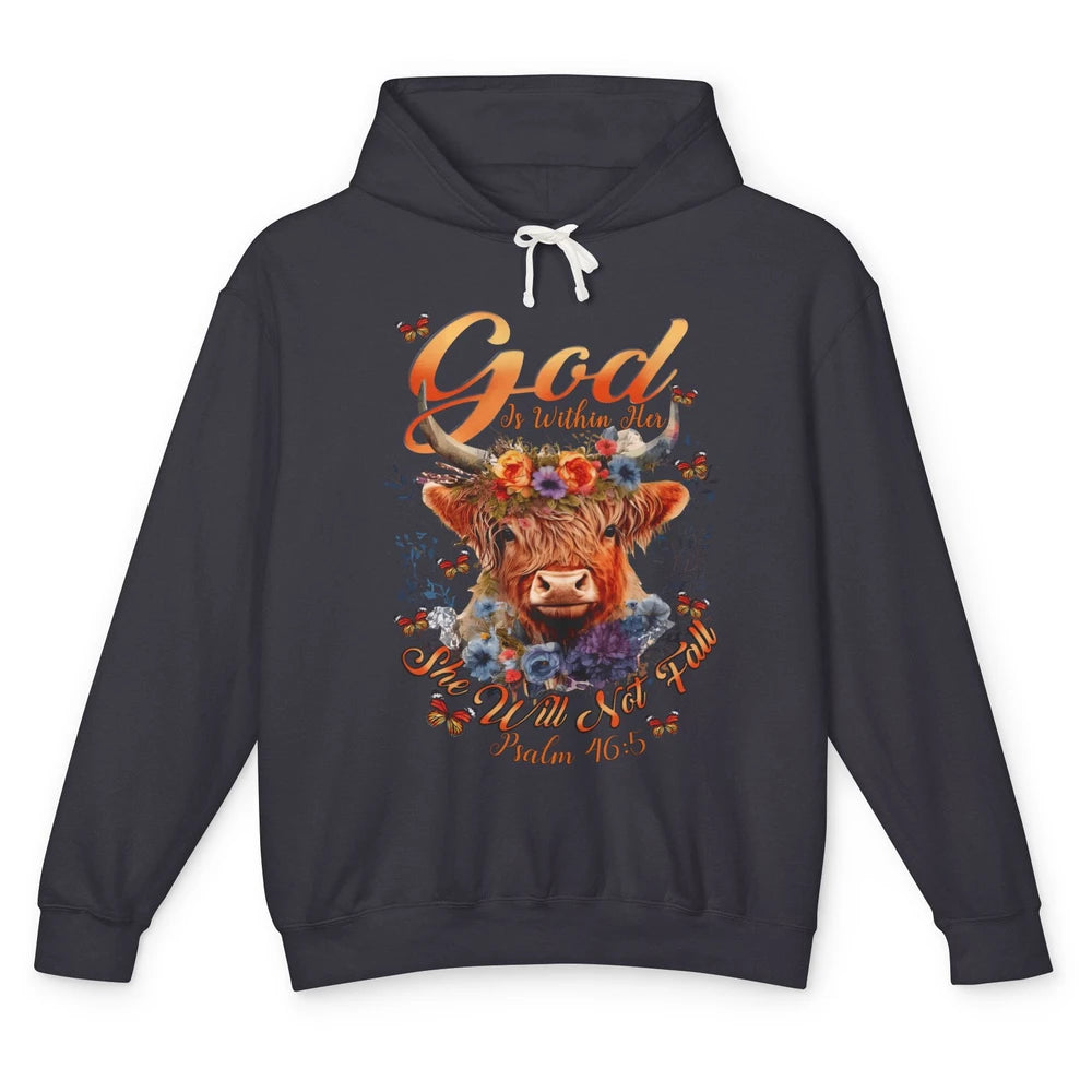 Christian Highland Cow God Is Within Her Bible Religious Unisex Lightweight Hoodie