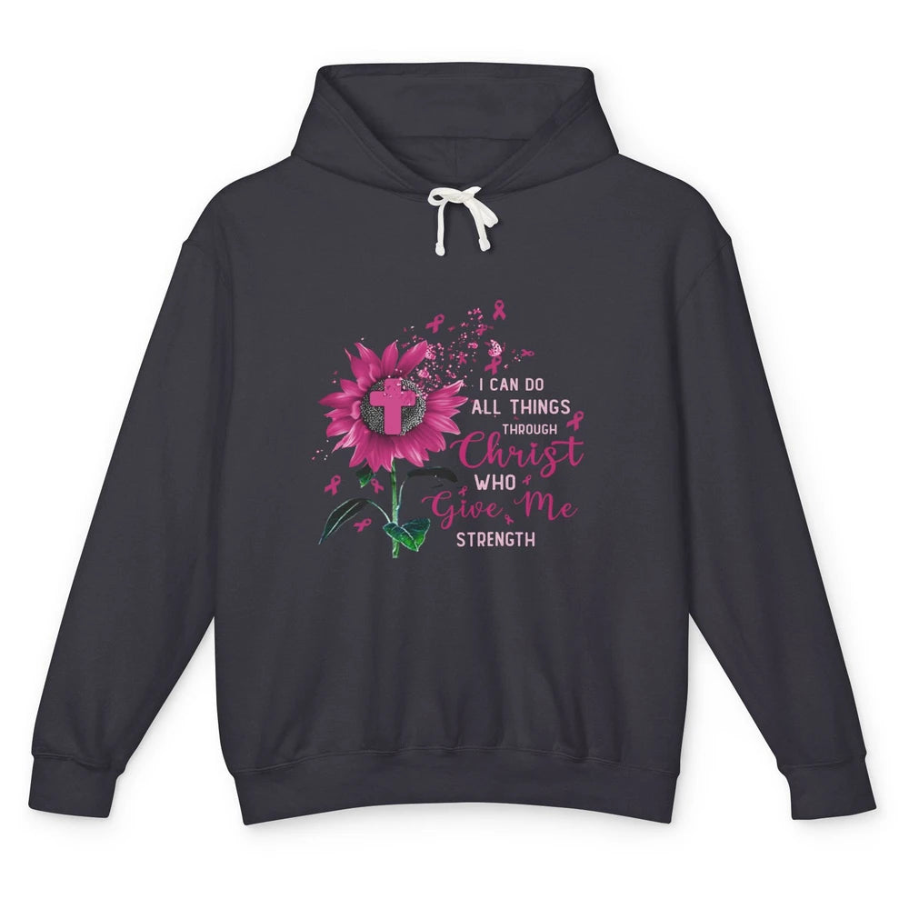 Breast Cancer Month Sunflower God Strength Cross Pink Ribbon Unisex Lightweight Hoodie