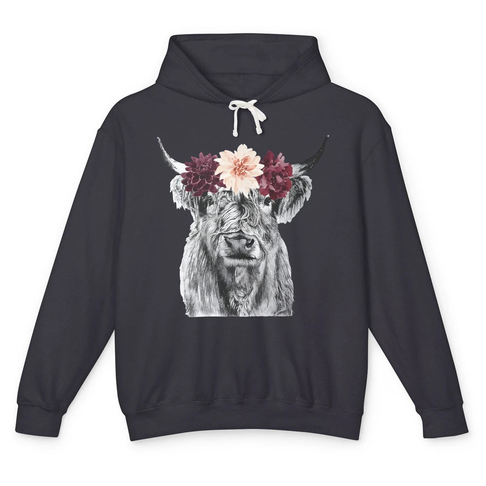 Heifer Highland Cow Flowers Farm Life Animal Floral Retro Unisex Lightweight Hoodie