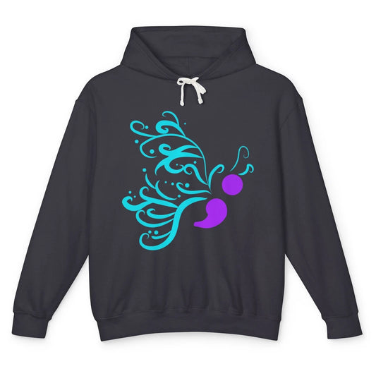 Semicolon Butterfly Teal Warrior Suicide Prevention Month Unisex Lightweight Hoodie