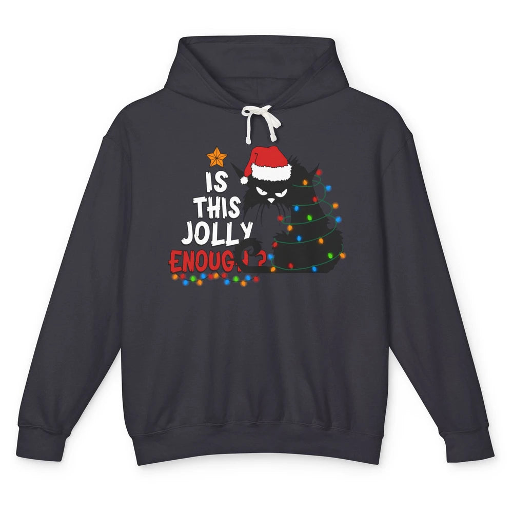 Funny Black Cat Christmas Light Santa This Jolly Enough Gift Unisex Lightweight Hoodie