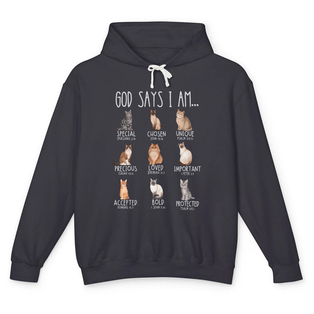 God Says I Am Cat Best Mom Christian Bible Verse Religious Unisex Lightweight Hoodie