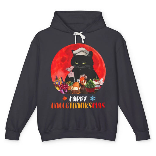 Black Cat Happy Hallothanksmas Baker Cat Halloween Christmas Unisex Lightweight Hoodie