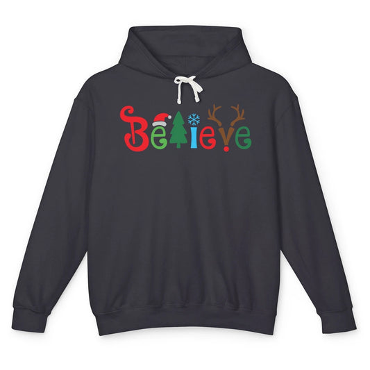 Funny Santa Claus Hat Believe Snowflakes Christmas Costume Unisex Lightweight Hoodie