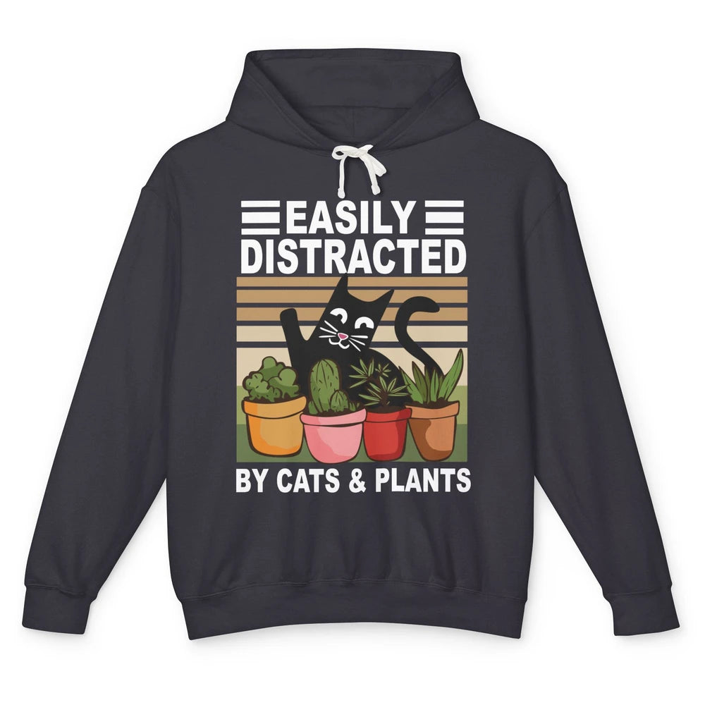 Easily Distracted By Cats And Plants Vintage Gardening Gift Unisex Lightweight Hoodie