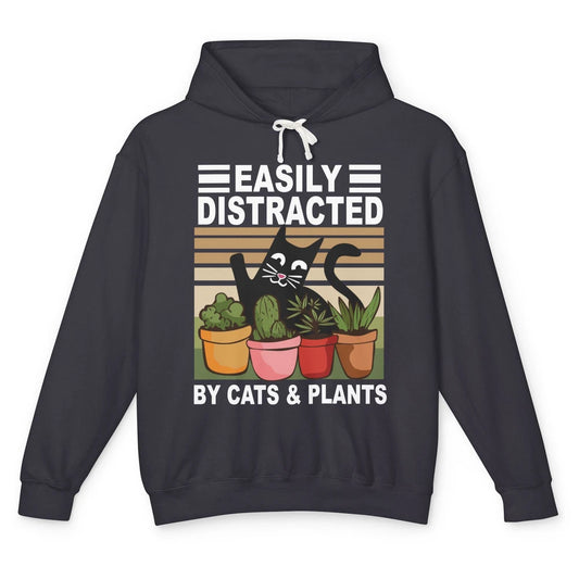 Easily Distracted By Cats And Plants Vintage Gardening Gift Unisex Lightweight Hoodie