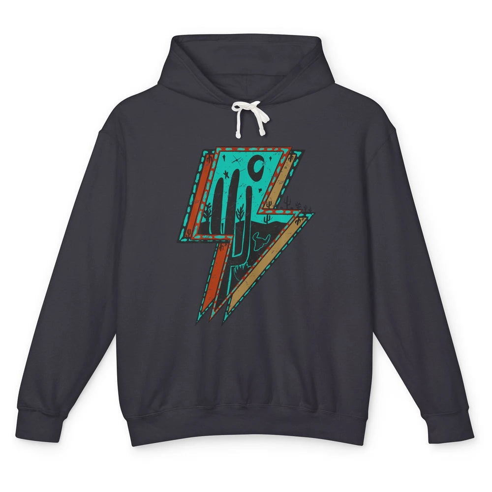 Retro Desert Cactus Night Turquoise Lightning Bolt Western Unisex Lightweight Hoodie