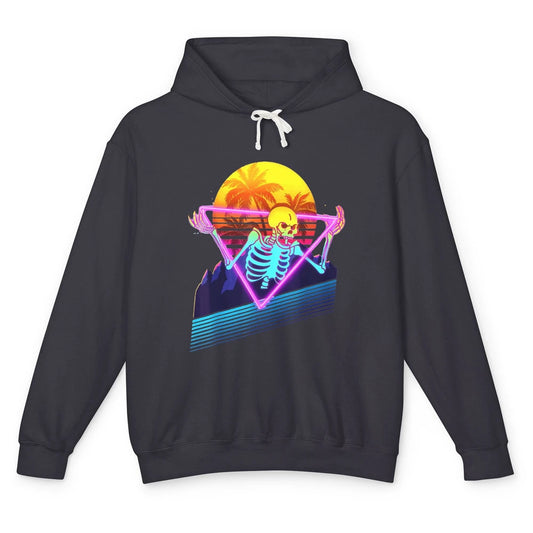 Funny Skeleton Meme Retro 80s Vaporwave Skull Goth Beach Unisex Lightweight Hoodie