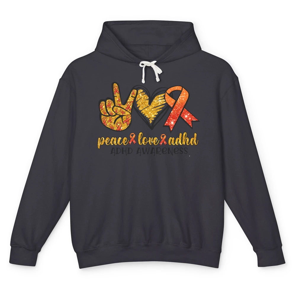 ADHD Awareness Month Peace Love ADHD Orange Ribbon Unisex Lightweight Hoodie