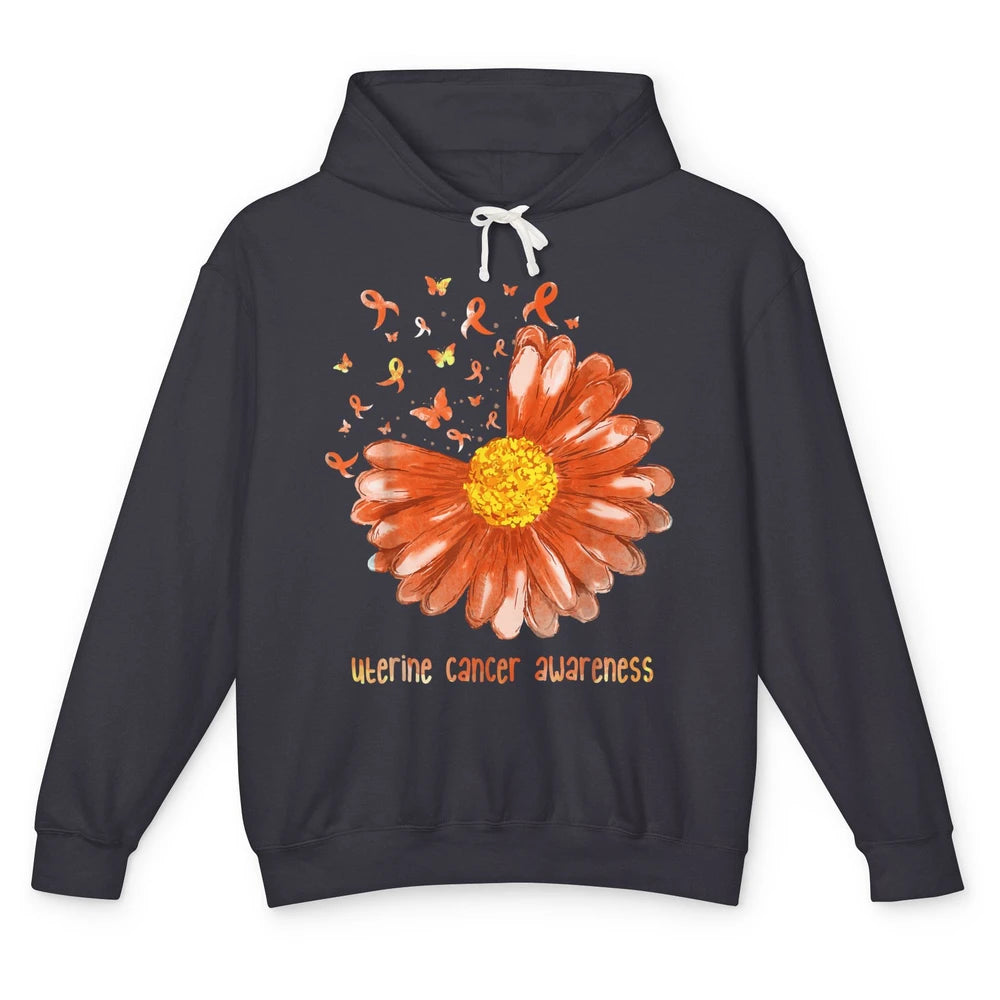 Daisy Butterfly Peach Ribbon Warrior Uterine Cancer Month Unisex Lightweight Hoodie