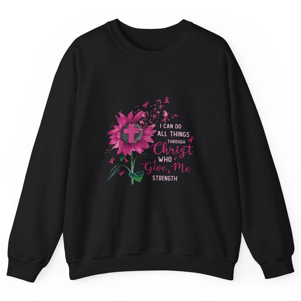 Breast Cancer Month Sunflower God Strength Cross Pink Ribbon Unisex Crewneck Sweatshirt