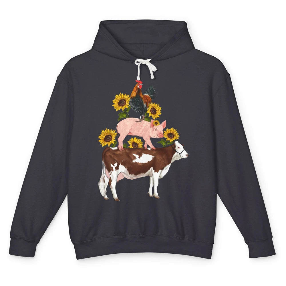 Sunflower Western Farm Life Animals Vegan Cow Pig Rooster Unisex Lightweight Hoodie