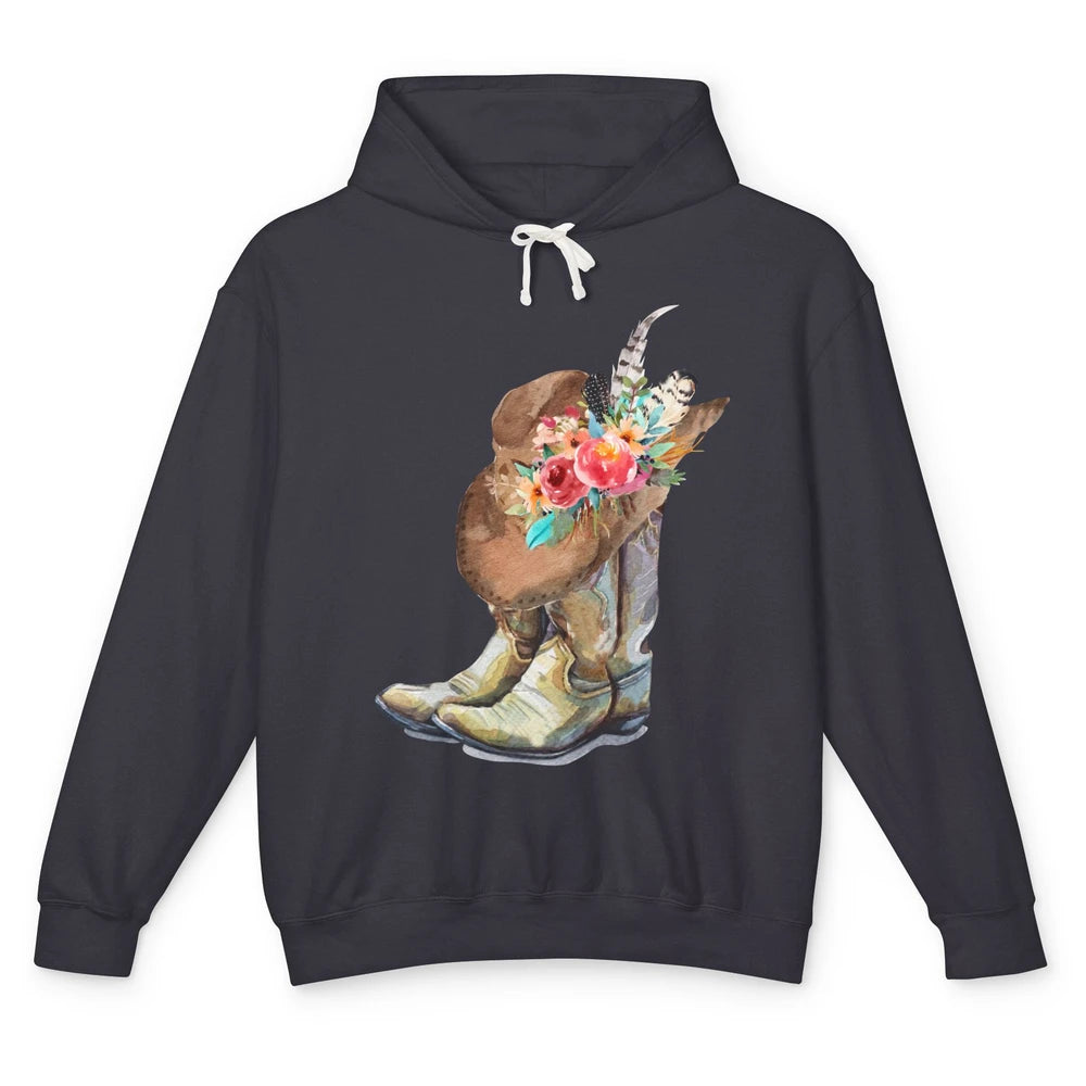 Country Cowgirl Boots Boho Flower Feather Hat Western Rodeo Unisex Lightweight Hoodie