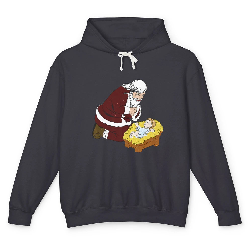 Merry Christmas Kneeling Santa Claus With Baby Jesus Xmas Unisex Lightweight Hoodie