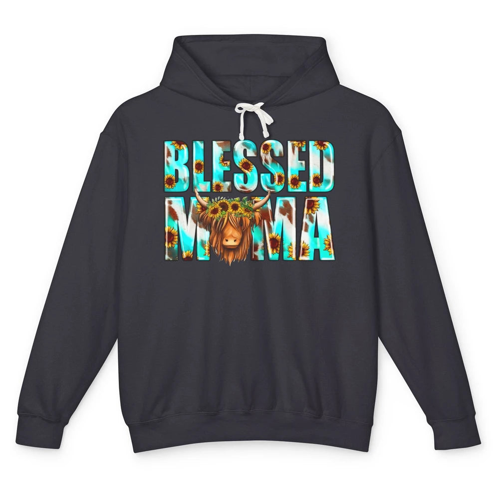 Retro Sunflower Highland Cow Blessed Mama Western Cow Mama Unisex Lightweight Hoodie