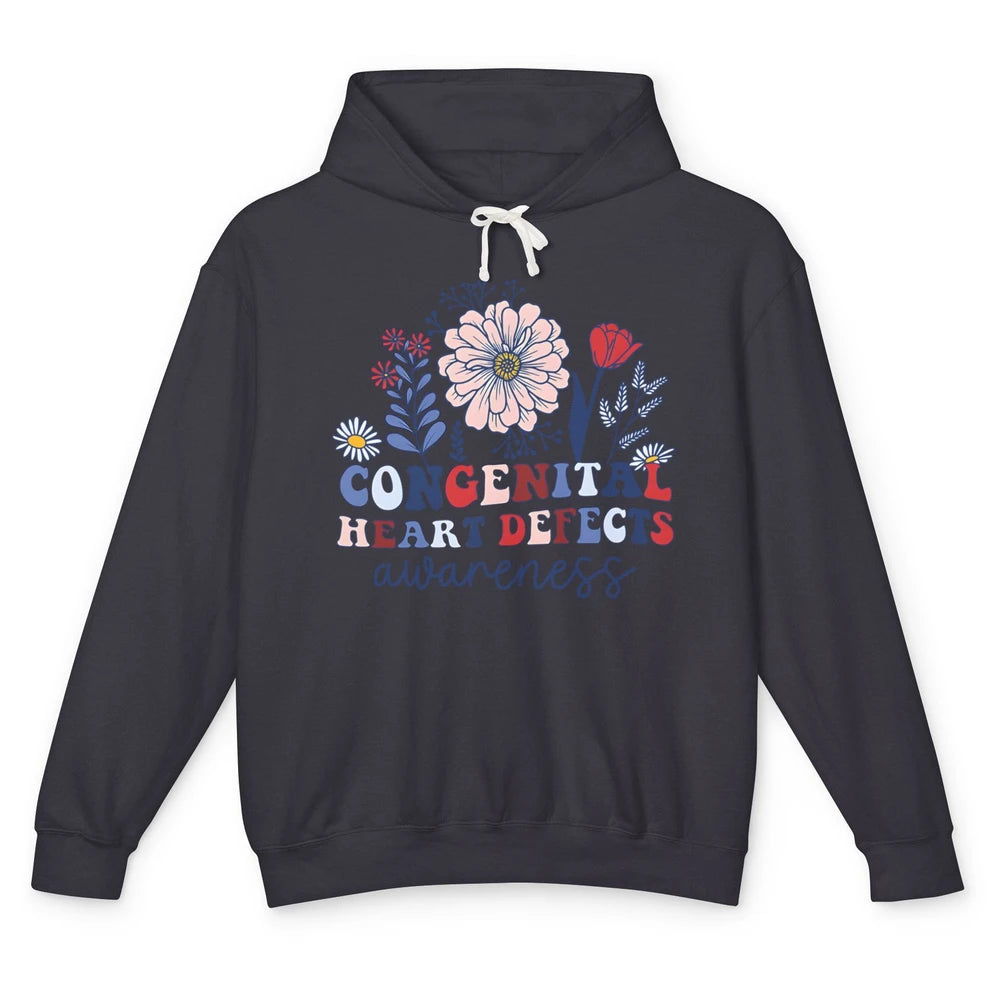 Congenital Heart Defects CHD Awareness Red Ribbon Wildflower Unisex Lightweight Hoodie