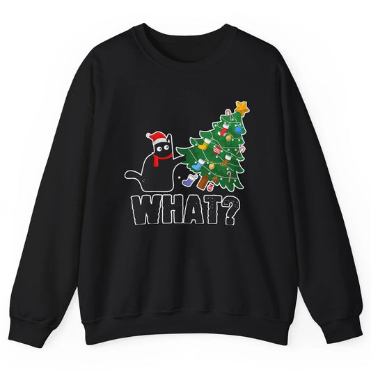 Black Cat Pushing Christmas Tree What Xmas Lights Santa Hat Unisex Crewneck Sweatshirt