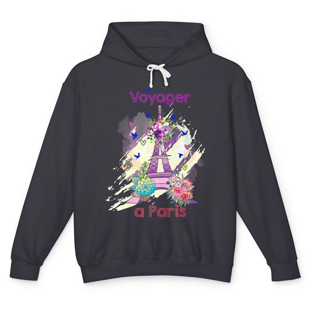 Voyager Floral Eiffel Tower Minimal Paris France Traveling Unisex Lightweight Hoodie