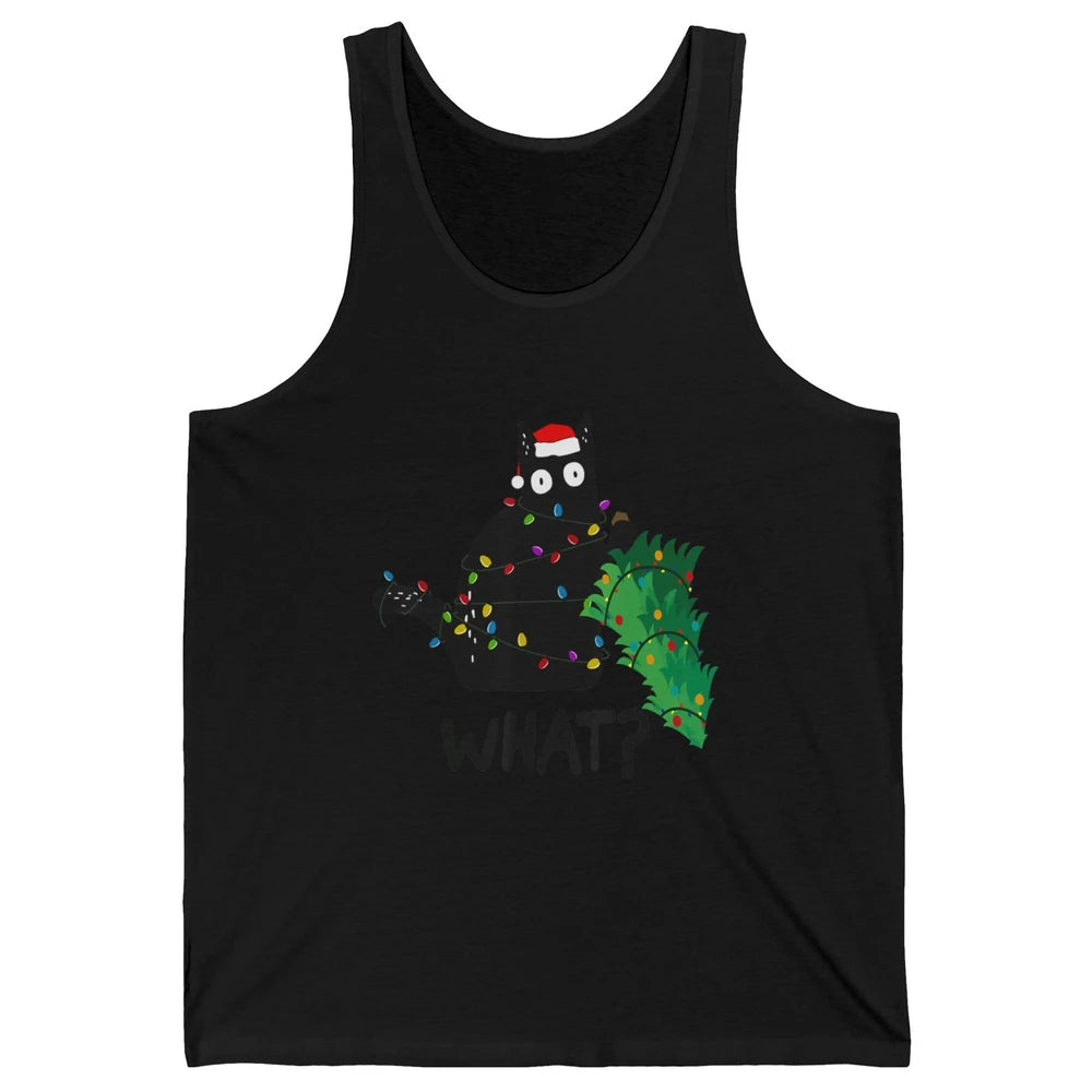 Black Cat Pushing Christmas Tree What Xmas Lights Santa Hat Unisex Jersey Tank