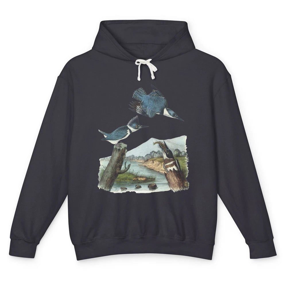 Watercolor Belted Kingfisher Bird Eat Fish Nature Birding Unisex Lightweight Hoodie