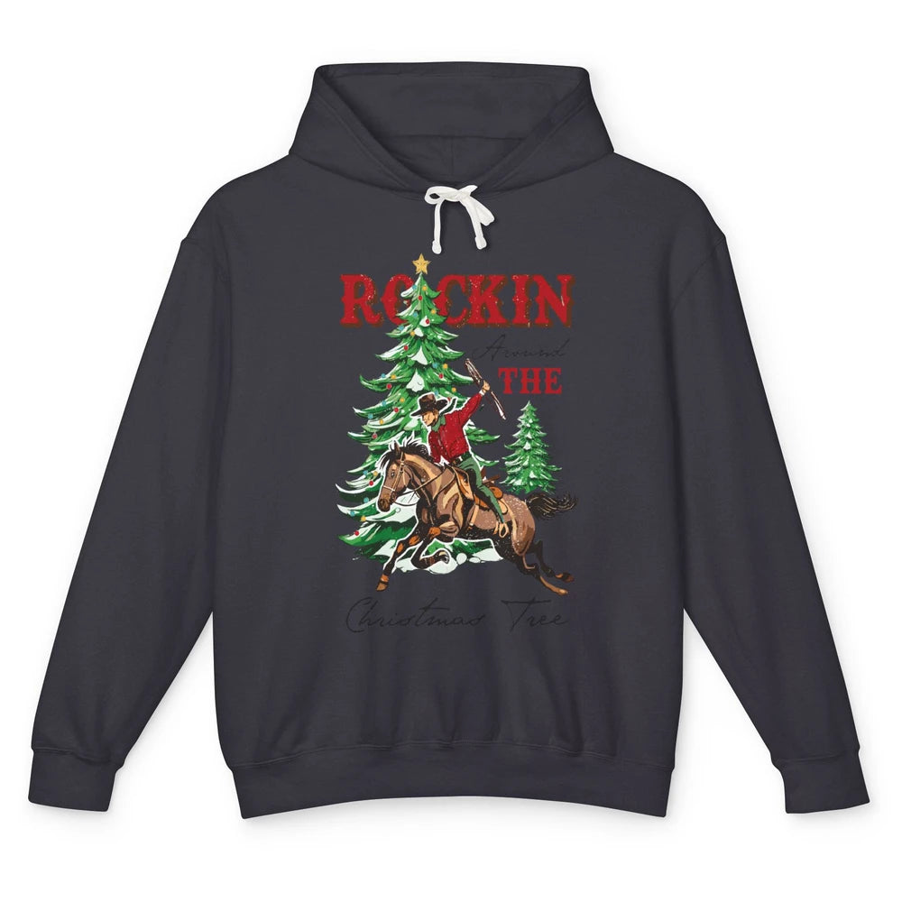 Retro Horsing Cowboy Rocking Around Christmas Tree Western Unisex Lightweight Hoodie