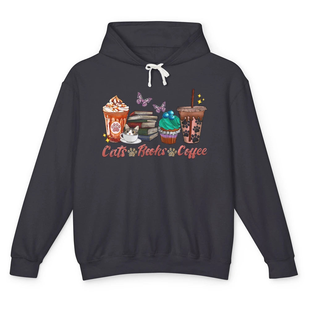 Cats Books Coffee Funny Coffee Paw Books Lovers Reader Gift Unisex Lightweight Hoodie