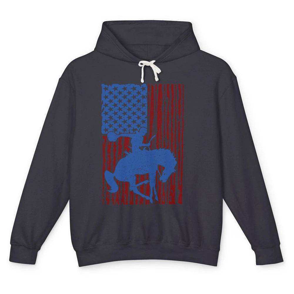 Retro US Flag Cowboy Horsing Rodeo Western July 4th Patriots Unisex Lightweight Hoodie