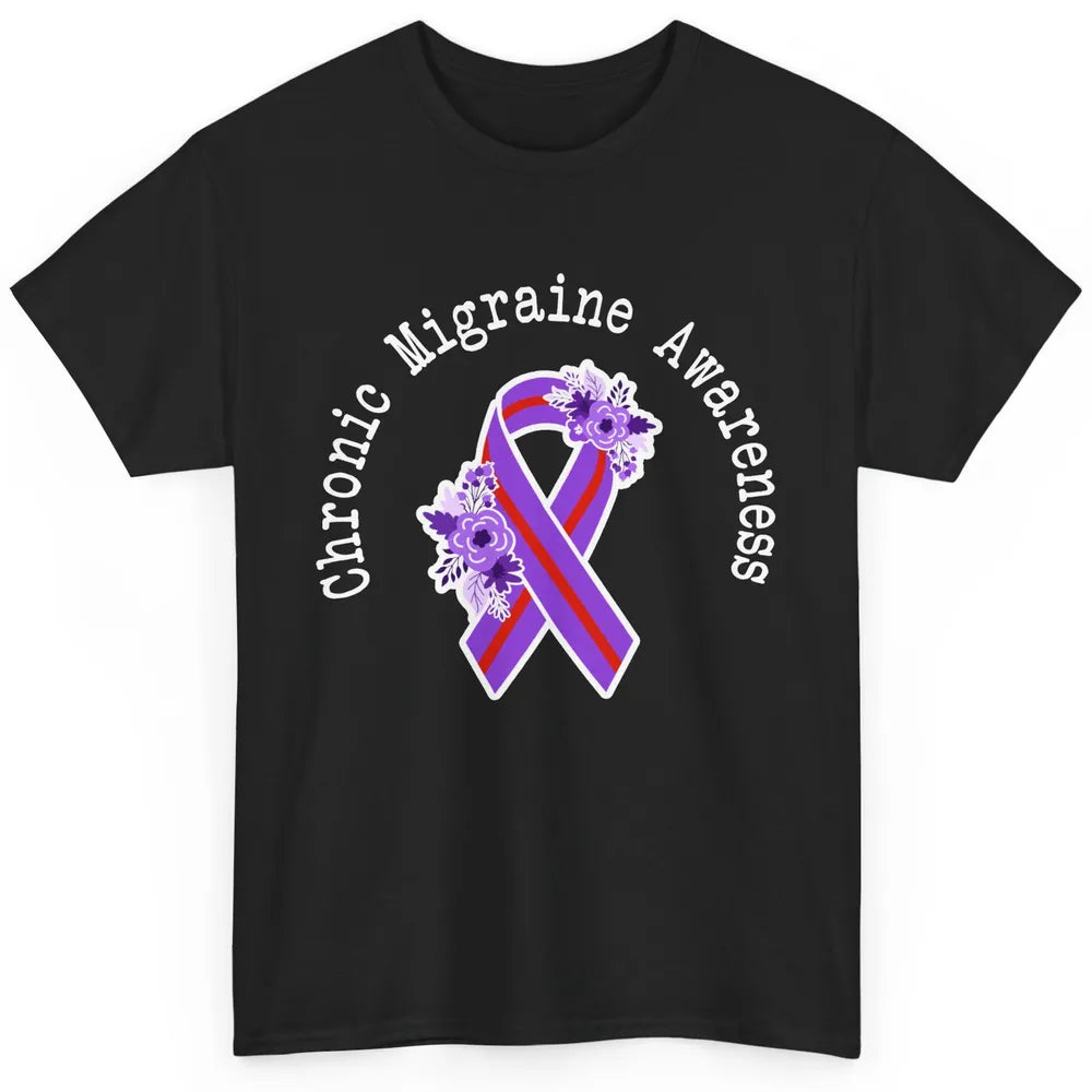 Chronic Migraine Awareness Support Floral Purple Red Ribbon Classic Unisex T-Shirt