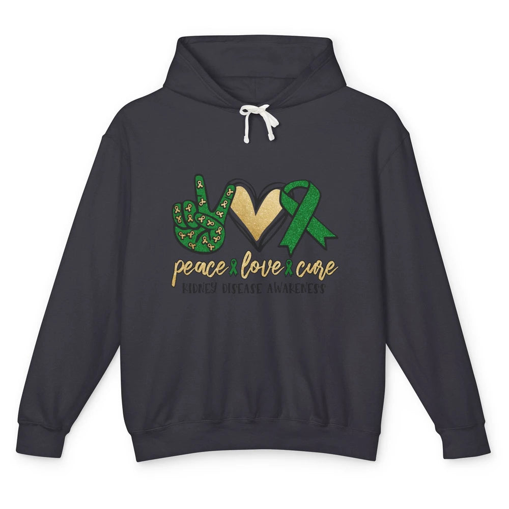 Peace Love Cure Kidney Disease Awareness Green Ribbon Heart Unisex Lightweight Hoodie