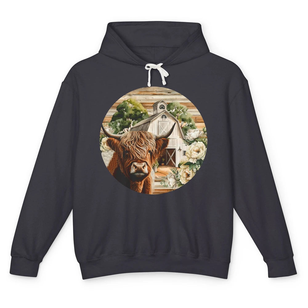 Retro Farm Highland Cow Barn House Western Country Farmer Unisex Lightweight Hoodie