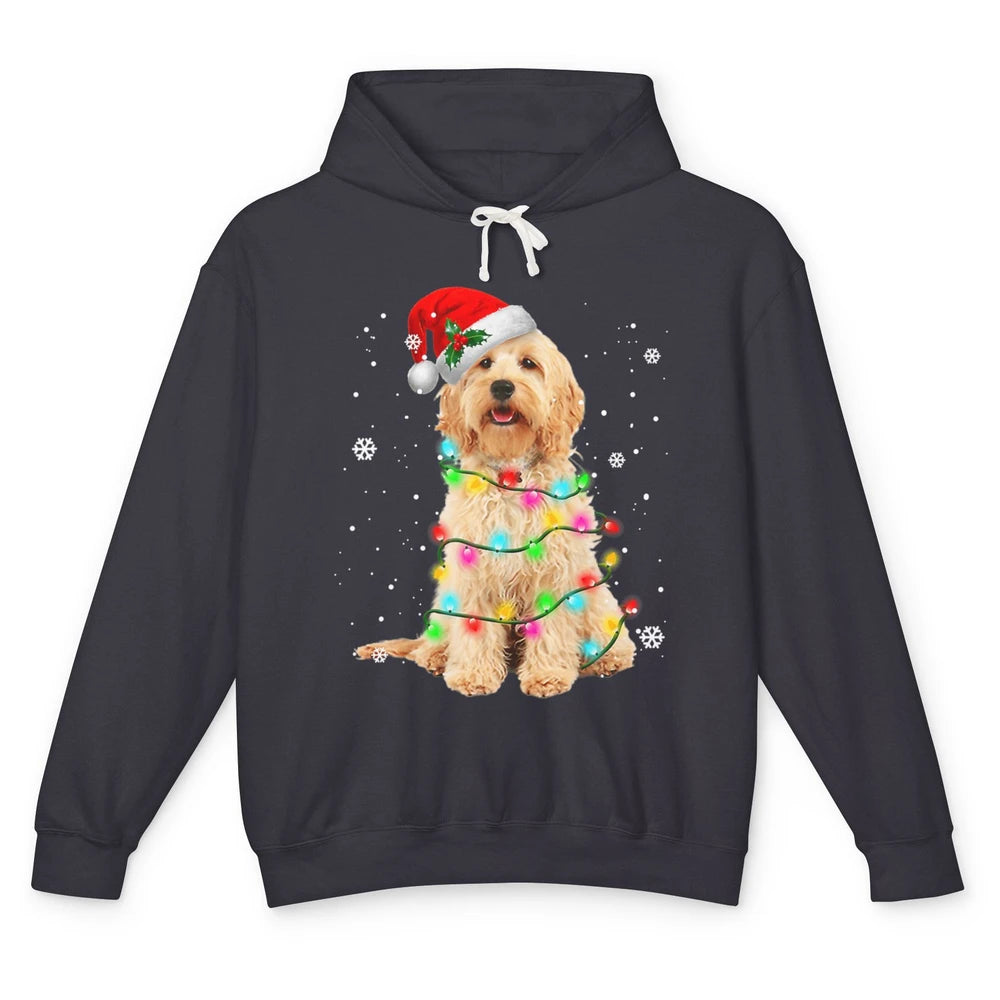 Merry Christmas Golden Doodle Dog Santa Hat Xmas Tree Lights Unisex Lightweight Hoodie