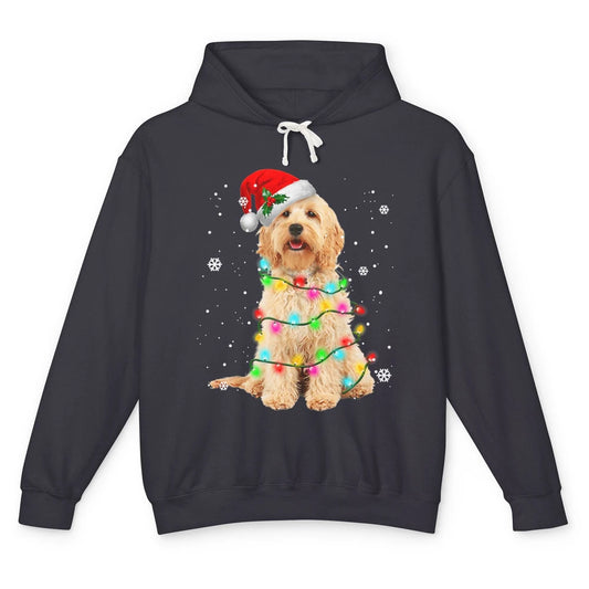 Merry Christmas Golden Doodle Dog Santa Hat Xmas Tree Lights Unisex Lightweight Hoodie