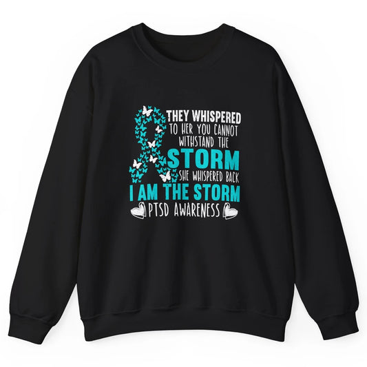 Teal Ribbon Butterfly The Storm Warrior PTSD Awareness Month Unisex Crewneck Sweatshirt