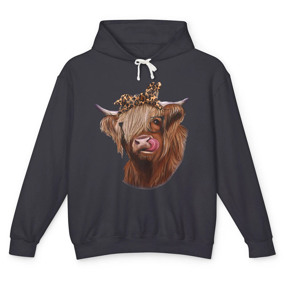 Highland Cow Glasses Leopard Bandana Western Farm Animals Unisex Lightweight Hoodie