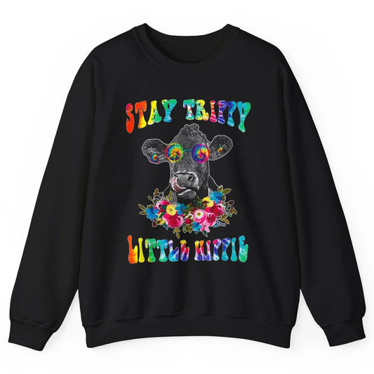 Stay Trippy Little Hippie Heifer Licking Highland Cow Peace Unisex Crewneck Sweatshirt