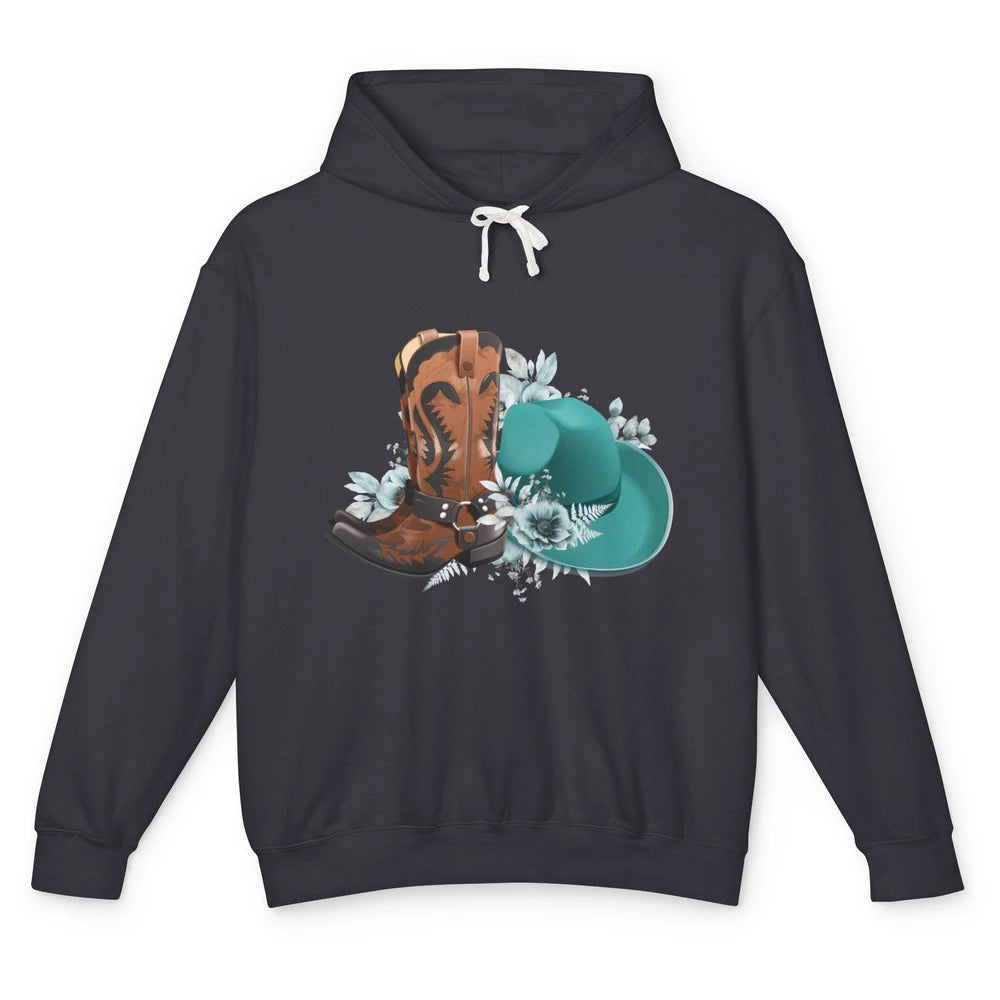 Retro Cowgirl Floral Turquoise Cowboy Boots Rodeo Western Unisex Lightweight Hoodie