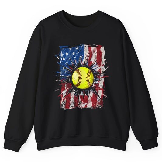 Retro US Flag Softball July 4th Baseball Players Patriotic Unisex Crewneck Sweatshirt