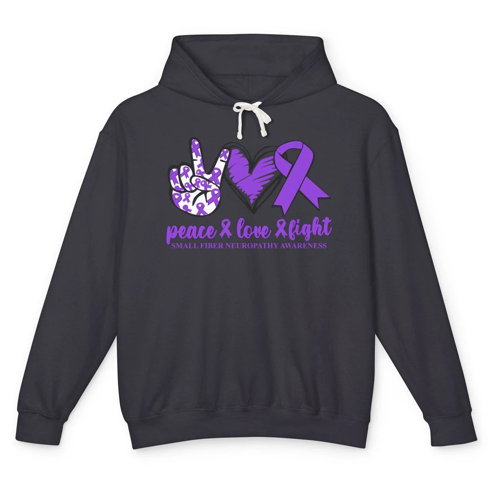 Small Fiber Neuropathy Purple Ribbon Peace Love Fight Unisex Lightweight Hoodie