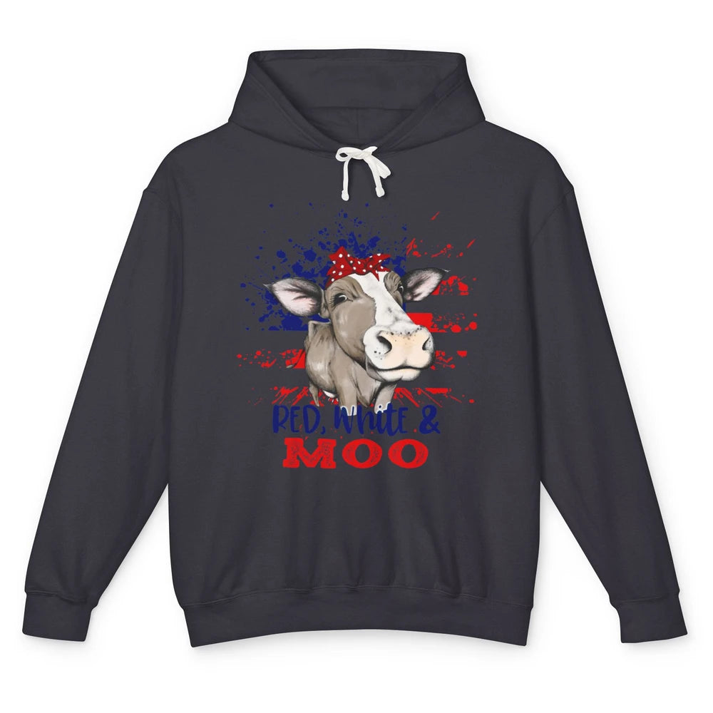 Red White Moo Cow America Flag 4th of July Patriotic Unisex Lightweight Hoodie