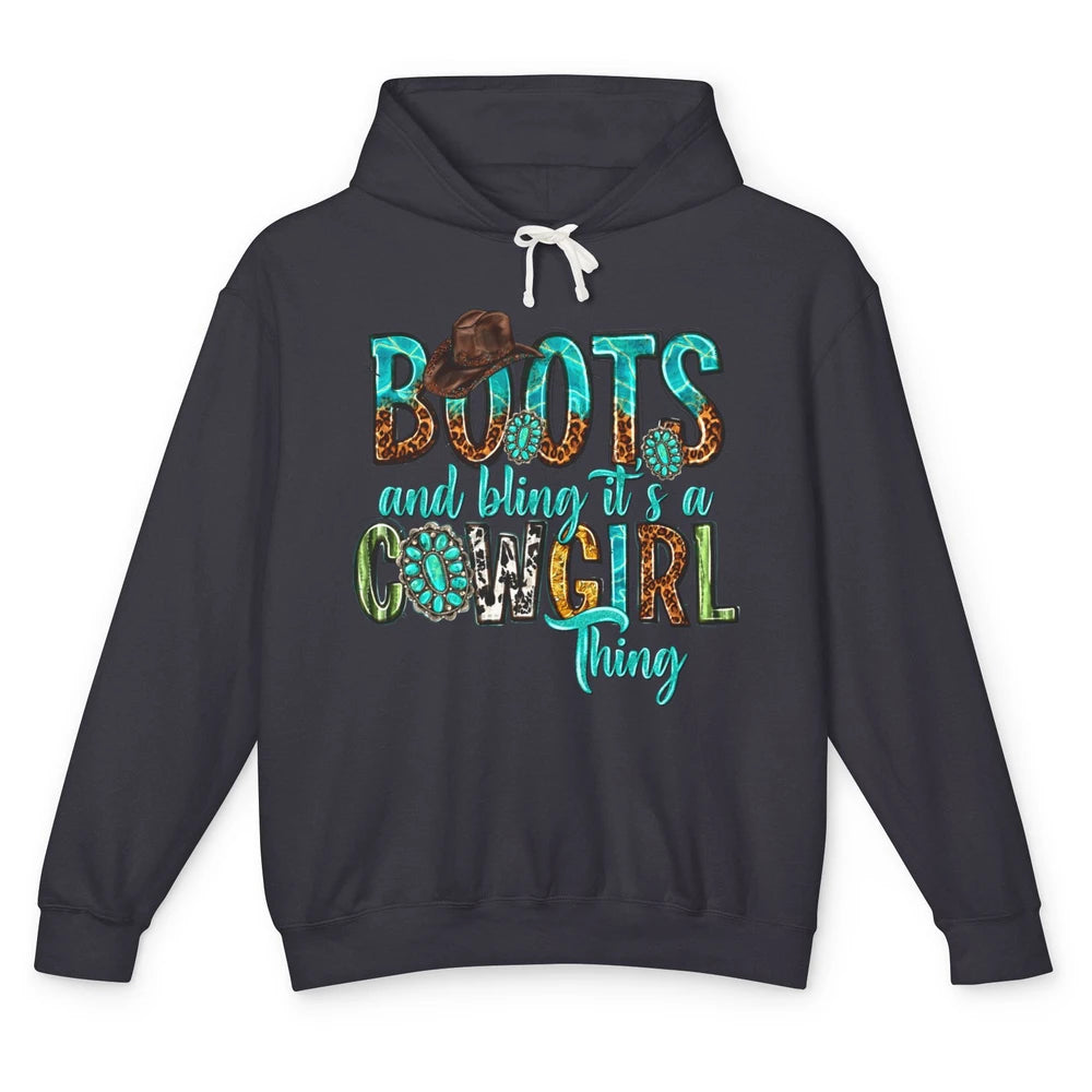 Leopard Turquoise Boots and Bling It's Cowgirl Thing Western Unisex Lightweight Hoodie