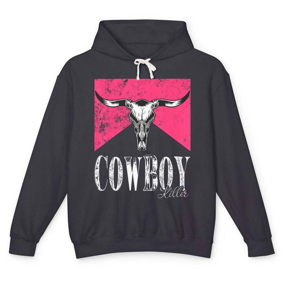 Western Cowboy Bull Skull Pink Southern Country Killer Retro Unisex Lightweight Hoodie