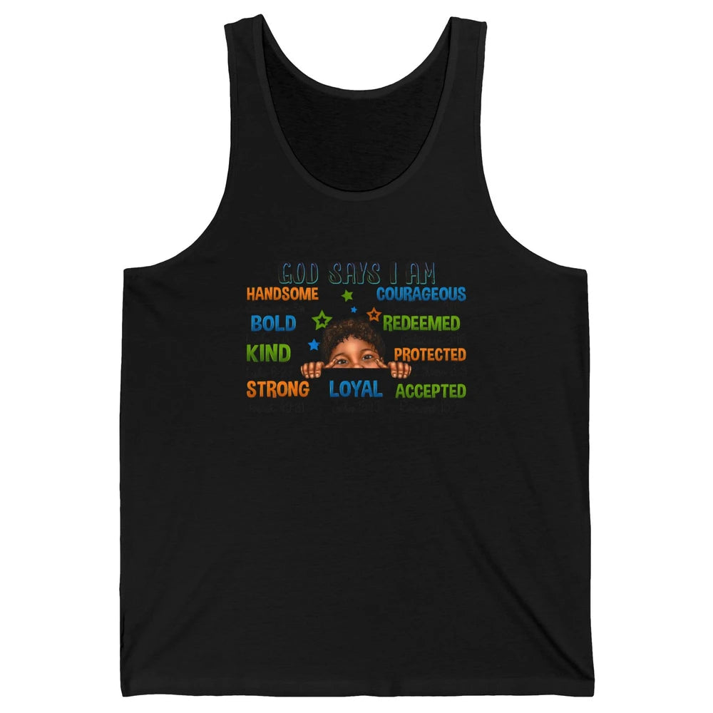 Black Melanin Boy God Says I Am Bible Verse Religious Unisex Jersey Tank