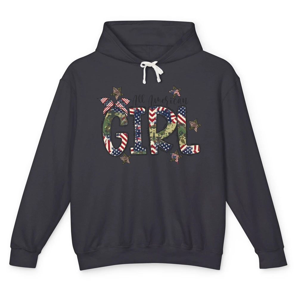 All American Girl American Flag Patriotic Military 4th July Unisex Lightweight Hoodie