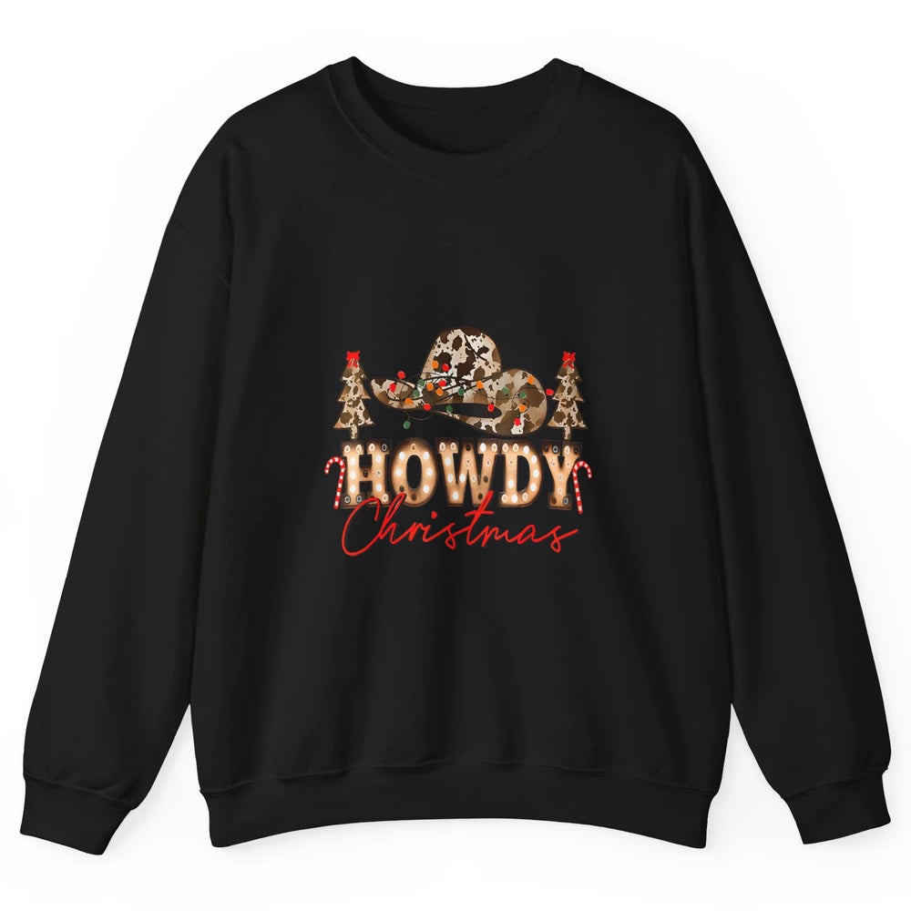 Merry Christmas Howdy Xmas Pine Trees Leopard Cowboy Hat Unisex Crewneck Sweatshirt