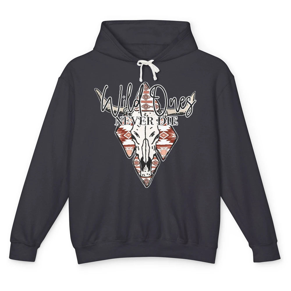 Retro Bull Skull Aztec Wild Ones Never Die Western Country Unisex Lightweight Hoodie