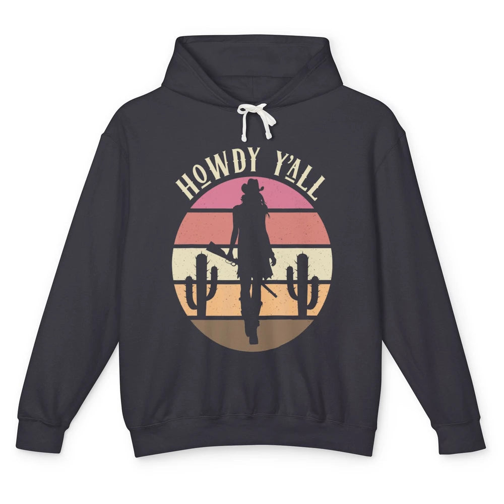 Retro Cowgirl Howdy Y'all Cactus Rodeo Cowboy Western Texas Unisex Lightweight Hoodie