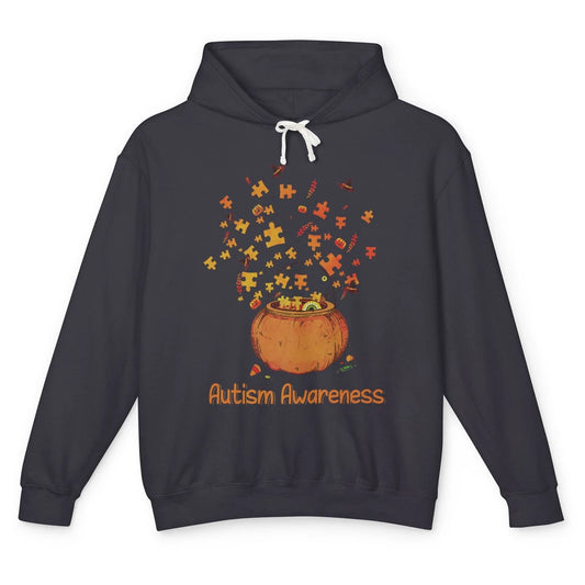 Halloween Autism Awareness Puzzle Piece Pumpkin Fall Unisex Lightweight Hoodie