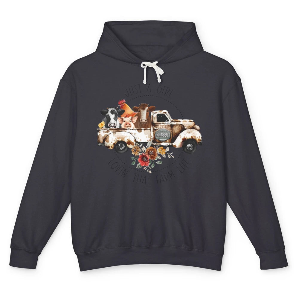 Retro Truck Just A Girl Loving That Farm Life Farm Animals Unisex Lightweight Hoodie