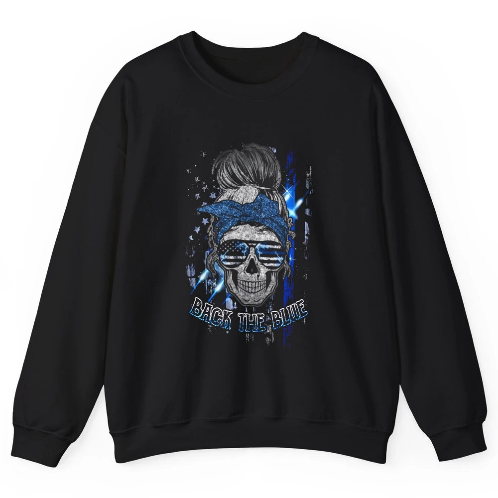 Back The Blue Police American Flag Skull Lady 4th of July Unisex Crewneck Sweatshirt